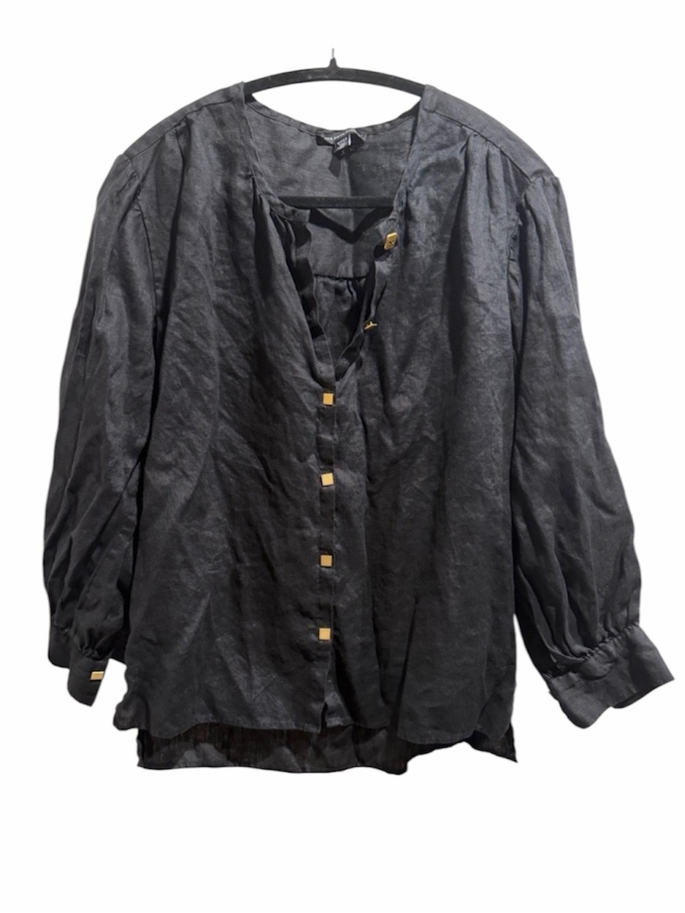 Saks Fifth Avenue Size Small Black Linen with Gold Color Buttons Shirt. Pre-Love